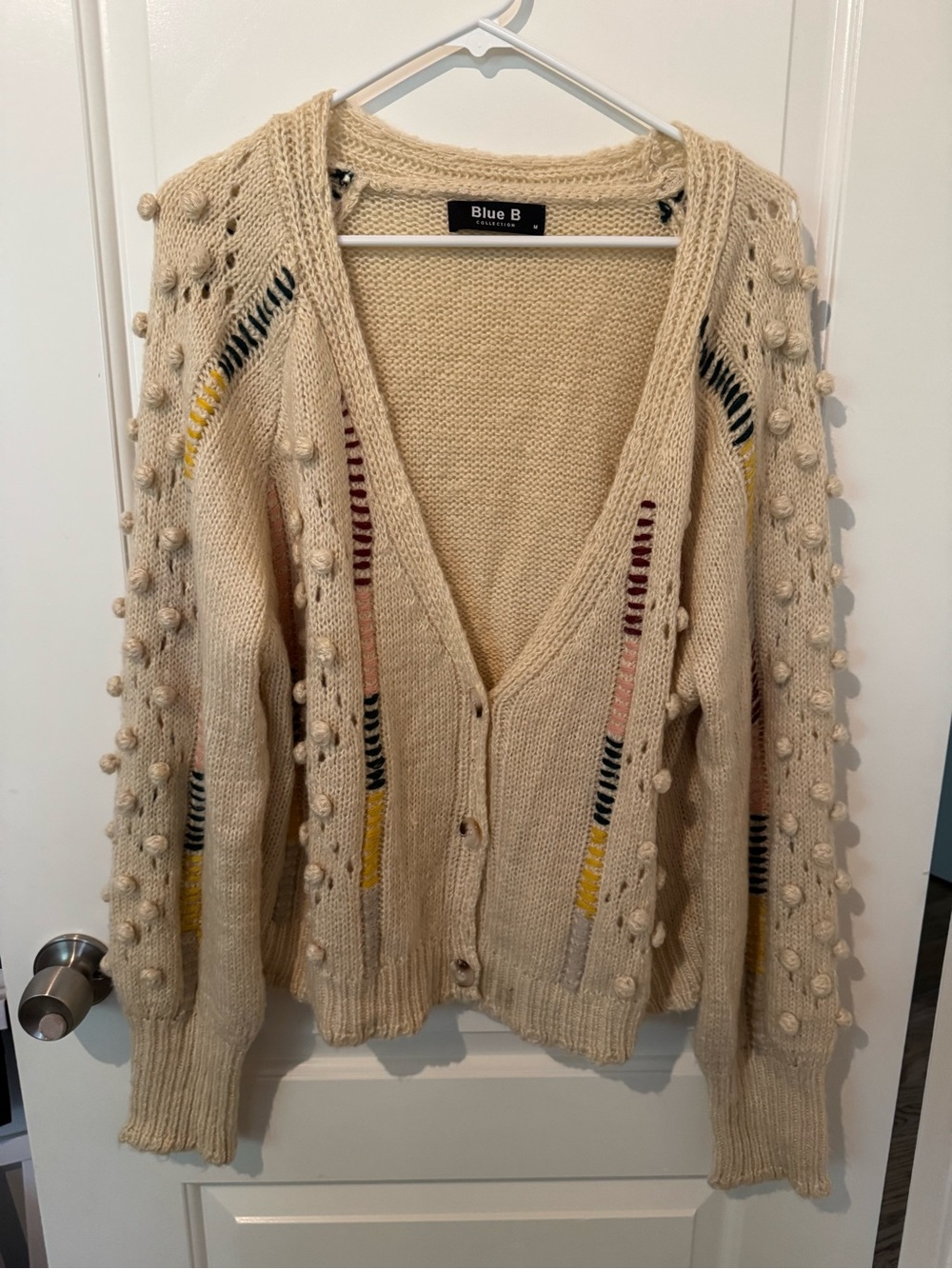 Blue B Cream Pom-Detail V-Neck Cardigan Sweater